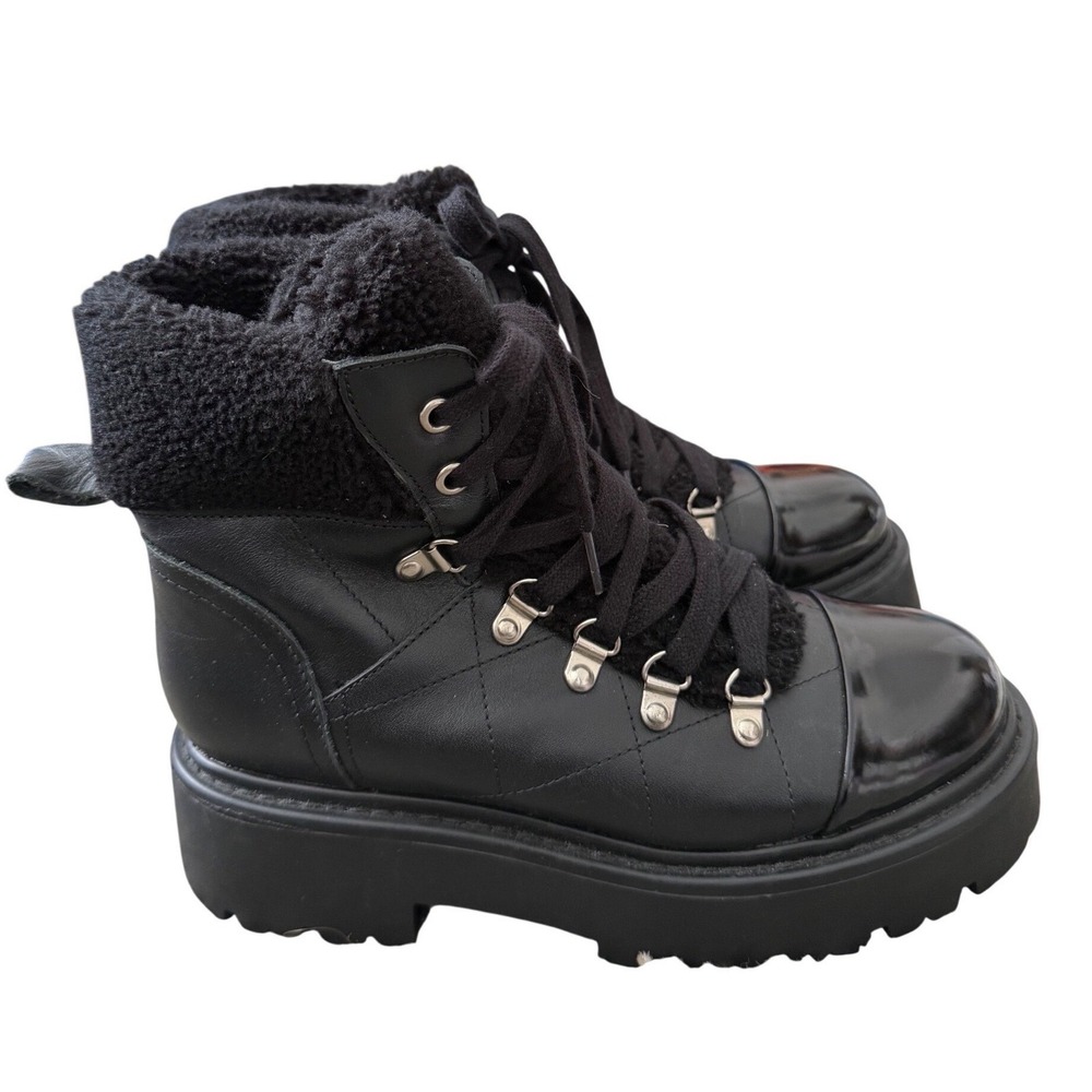 Steve Madden Black Leather Platform Combat Boots Shearling Trim Lug Sole Size 8